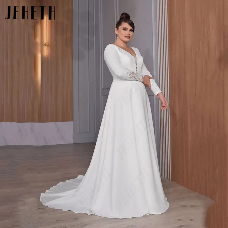 

JEHETH A-Line V-Neck Wedding Dresses Plus Size Lace Full Sleeves Satin Bridal Gowns Simple Appliques Elegant Vestido De Mariages