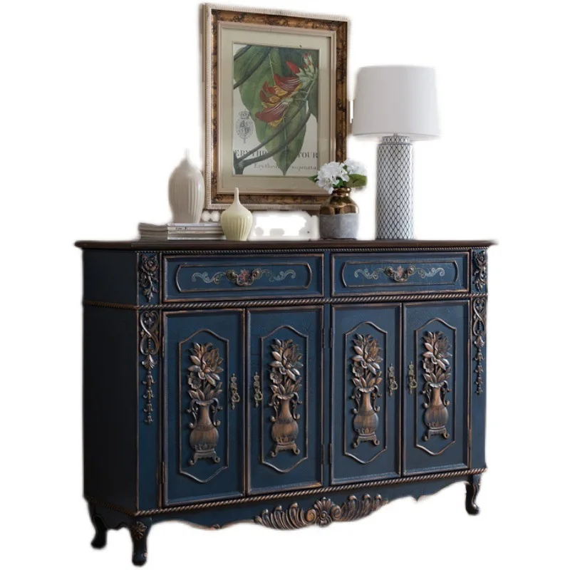 LTT European and American solid wood shoe cabinet painted four doors carved old retro gold-painted entrance cabinet