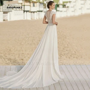 Elegantes Hochzeitskleid Boho Chiffon, Cap Sleeve, V-Ausschnitt Applikationen, Hochzeitskleid, maßgeschneidert, 2021 11 Hauptverkaufskleid für Verlobungschiffon - №7