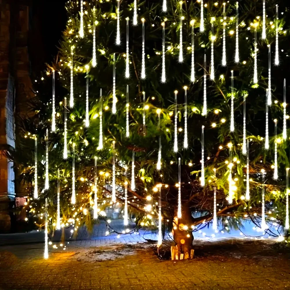 USB Powered Meteor Shower Light LED Meteor String Lights Warm White for Christmas Halloween Home Party Tree Window Outdoor Decor