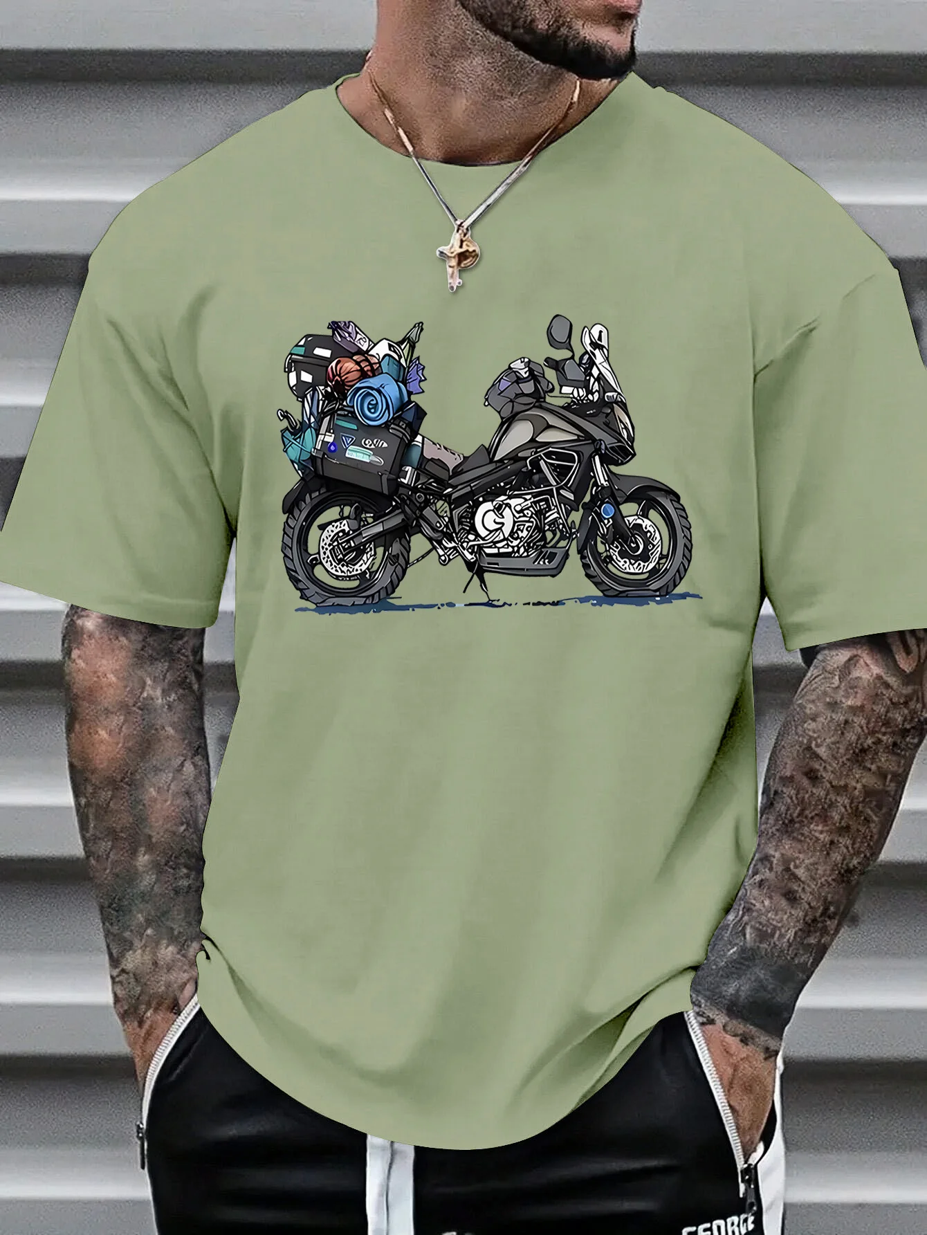 Summer 100% Pure Cotton Men's Fashionable Casual Rally Travel Motorcycle Print Loose Sports Round Neck Short Sleeved T-Shirt Top