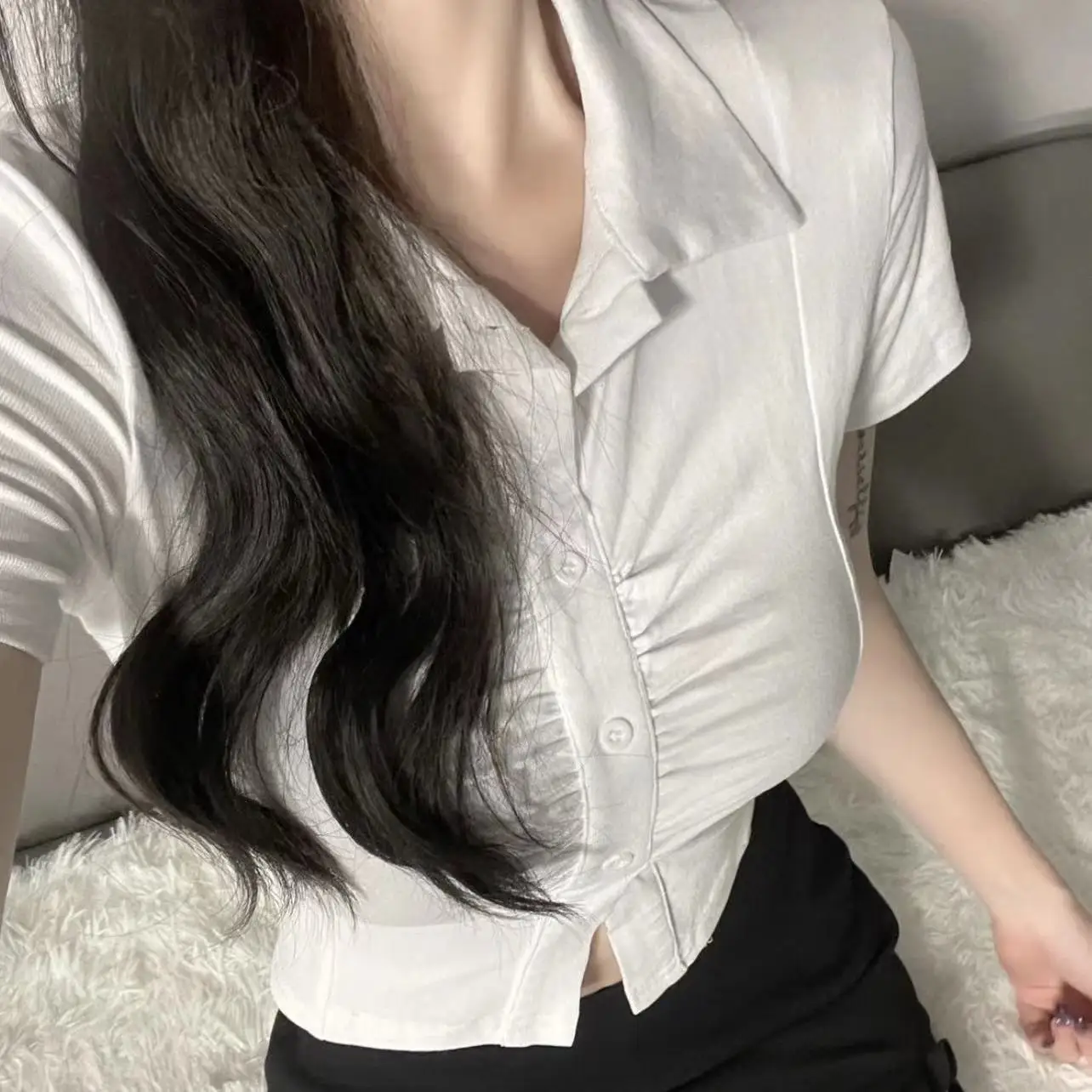 

Short Sleeve Shirts Womens Cotton Patchwork Pintucked Cropped Top Autumn Simple Artistic Preppy Student Youthful Girlish Outing