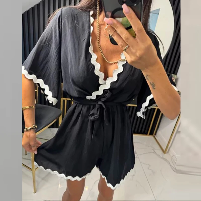 

New Summer Women V-neck Tie Up Shorts Jumpsuit Elegant Office Solid Pleated Romper Casual Wave Striped Patchwork Beach Playsuit