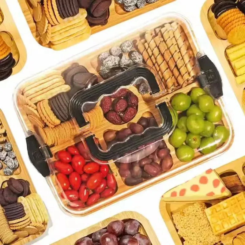 

Wooden cheese board snack tray picnic box, grid fruit bento suitable for outdoor travel, camping and vacation