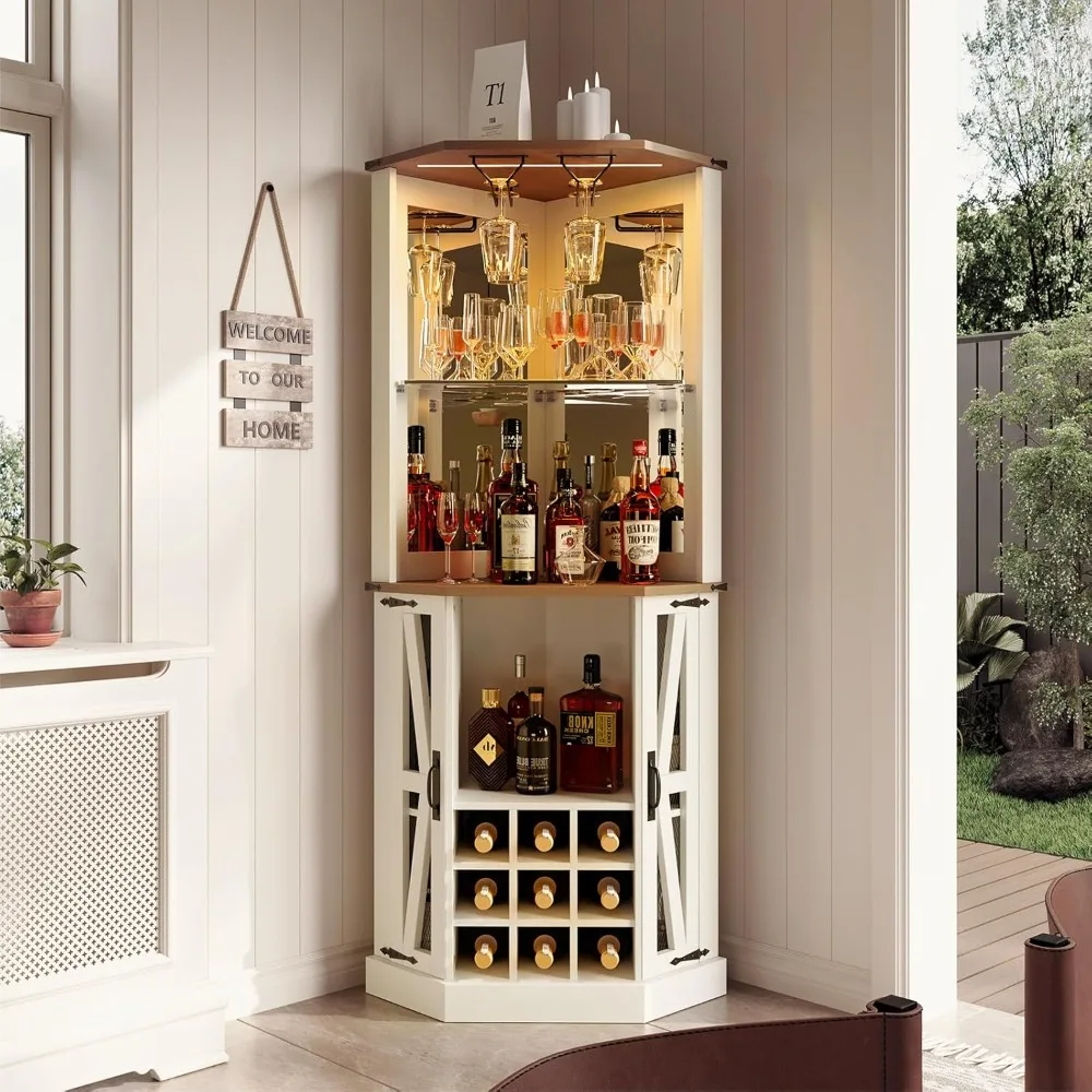 Corner Bar Cabinet Wine Bar Cabinet w/LED Lights & Glass Rack,Wine Cabinet,Coffee Station and Microwave Stand