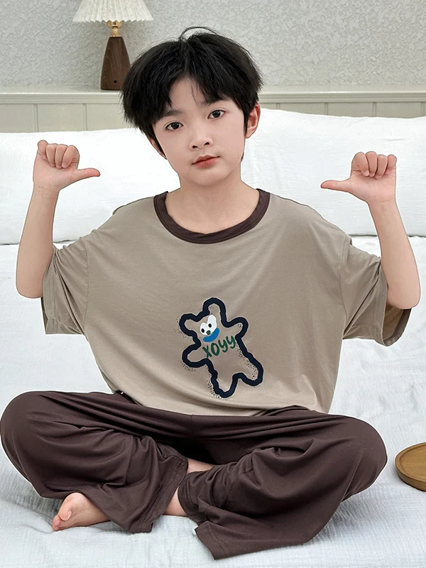 

Boys' Modal Pajama Set Short Sleeve Home Clothes Summer Children's Air Conditioning Suit Casual Two-Piece Set Comfortable Lig...
