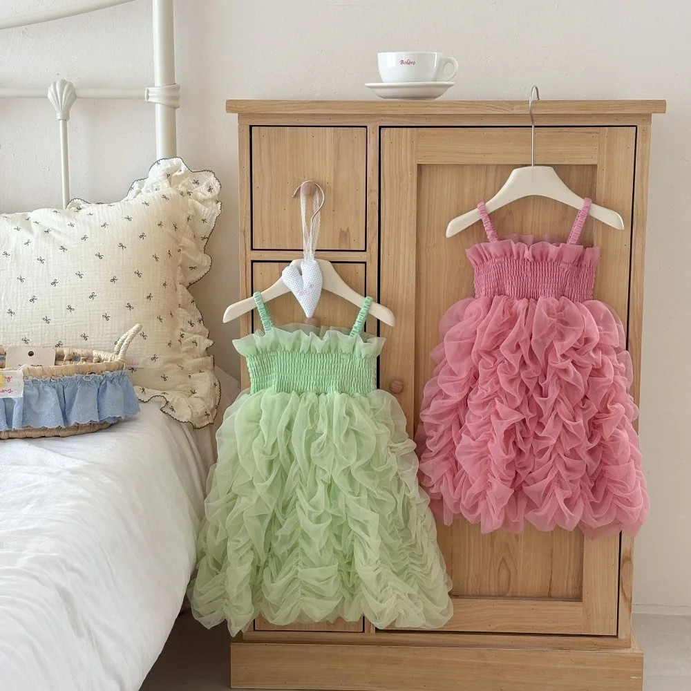 New Summer Girls Mesh Strap Dress, Pink & Green Fluffy Puffy Princess Tutu Dress Fashion Kids Party Skirt for 80-130cm
