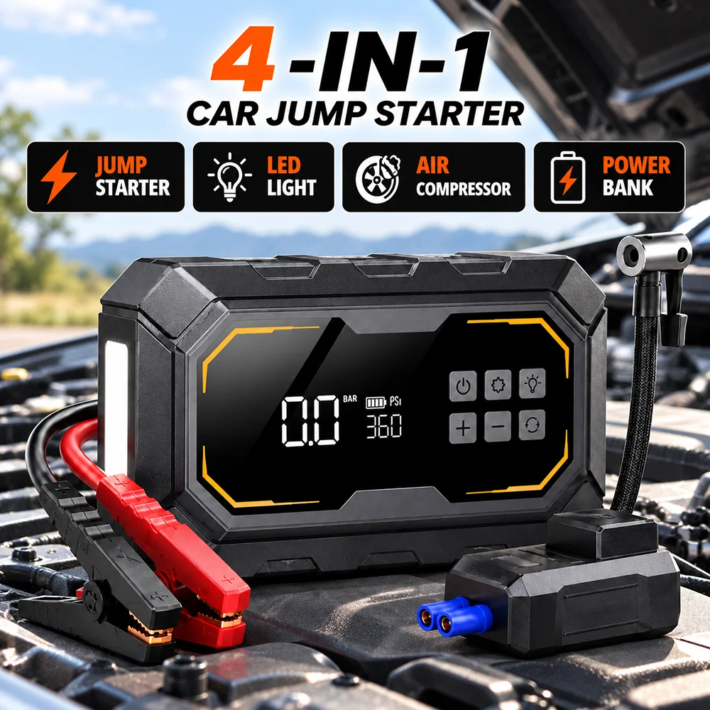 Vyvylabs Car Jump Starter Power Bank Air Compressor 150PSI 12V Portable Battery Charger 12V Emergency Booster Starting Device