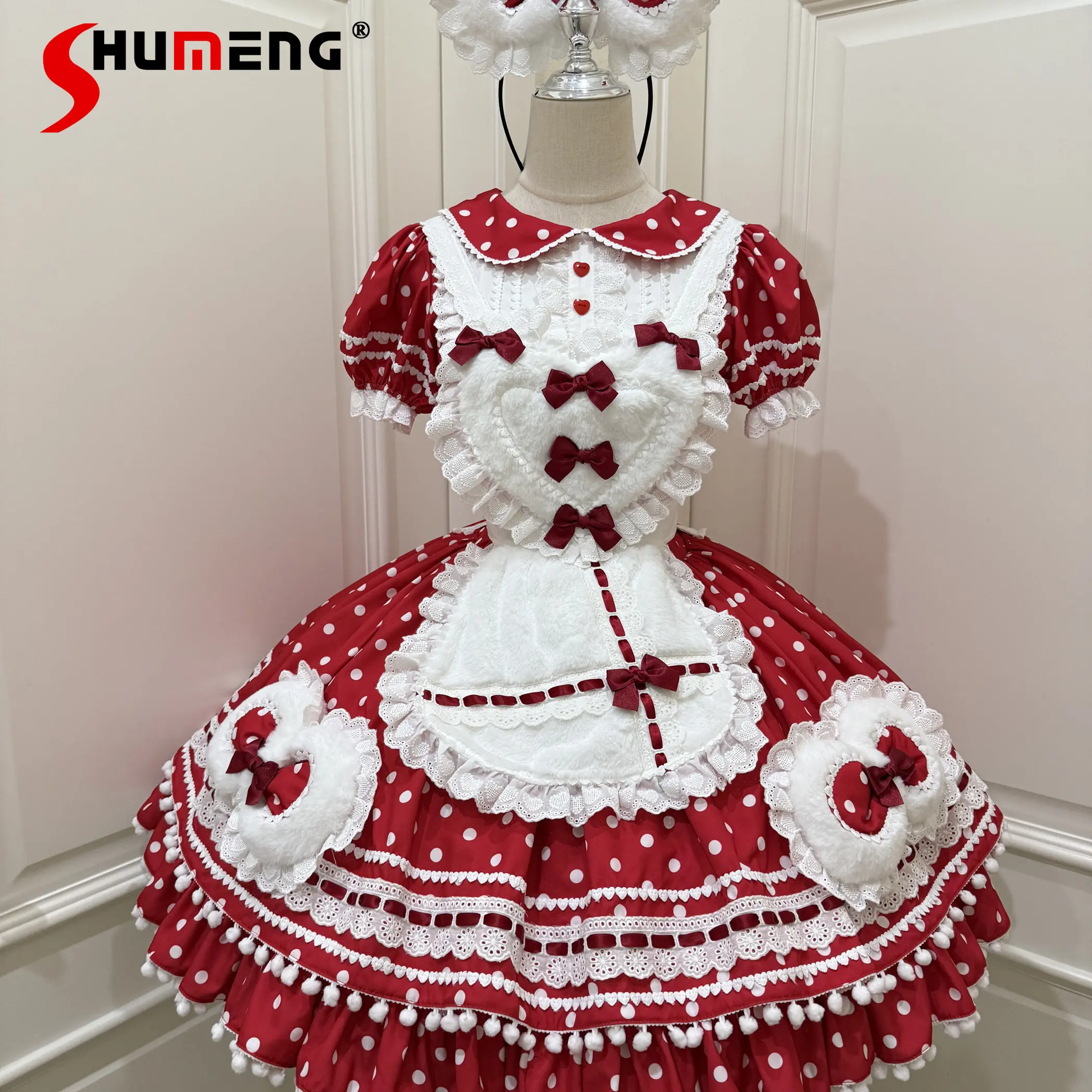 

Original Kawaii Lolita Dress OP Japanese Soft Girls Cute Bow Polka Dot Print Short Sleeve Dress Summer Lo Birthday Party Dresses