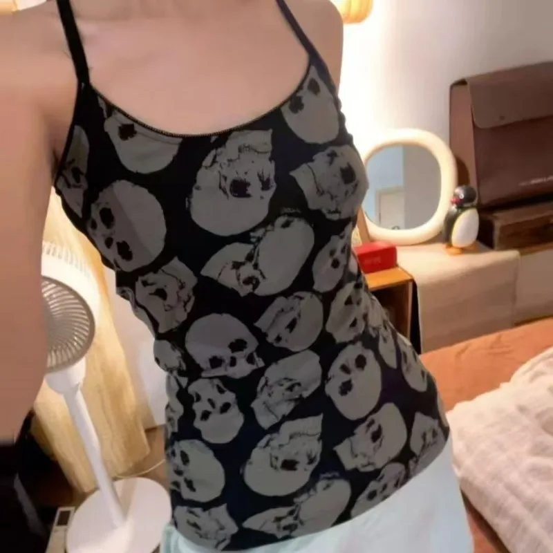 

Women's Hottie Halter Vest American Vintage Subculture Skull Print Tanks Tops Retro Punk Harajuku Camisole Female Sexy Slim Tops