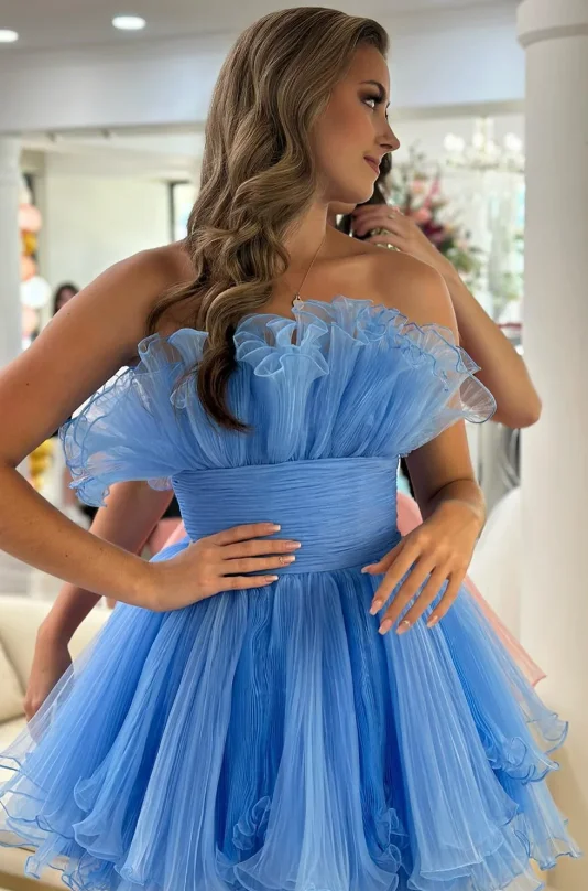 Strapless Organza Prom Dresses Edge Curl Mini Vestidos De Fiesta Elegant Sleeveless Empire Waist Evening Dress 2024