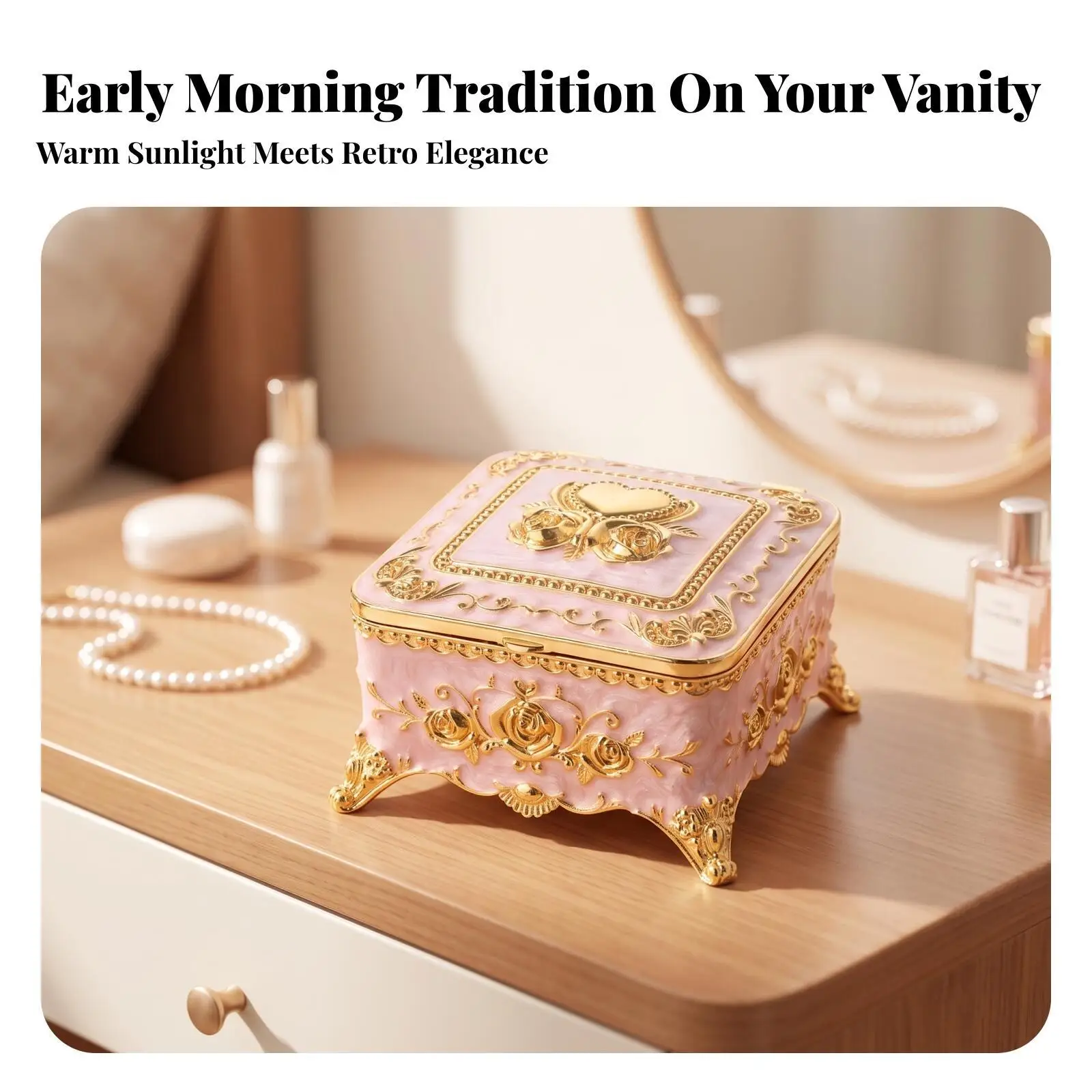 Decorative Metal Jewelry Box with Rose Heart Motif Raised Feet Compact Travel Storage Case for Necklaces Bracelets Pendants