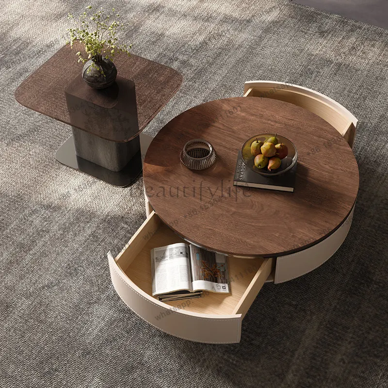 Retro style high and low combination coffee table round solid wood telescopic walnut saddle leather
