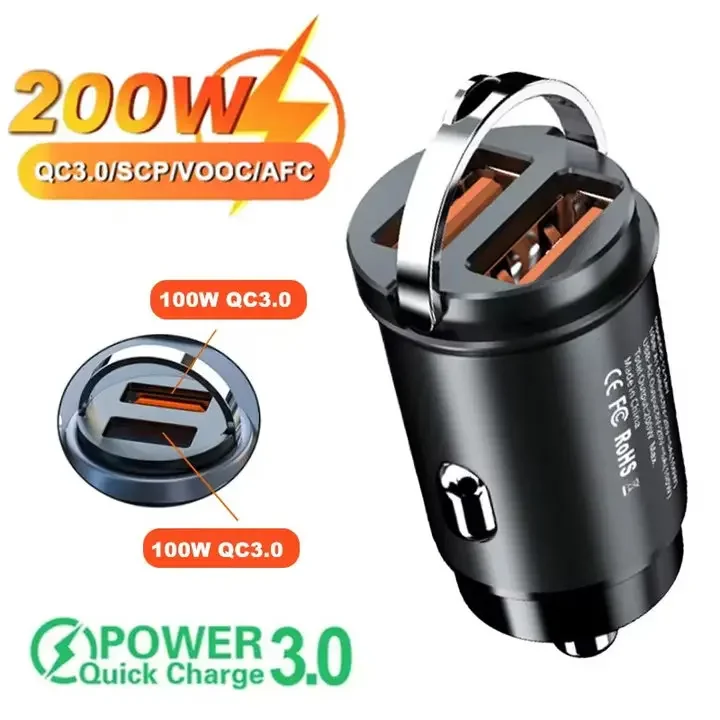 200W Dual Port Mini Car Charger USB Quick Fast Charging Adapter Power Charger Car Charging Adapter For iPhone Xiaomi Smartphone