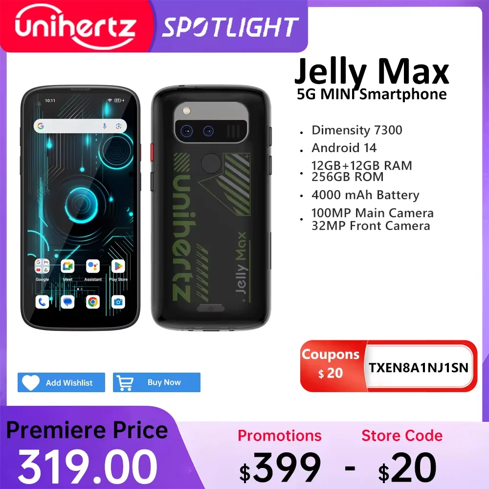 Unihertz Jelly Max 5G Mini Smartphone Android 14 Dimensity 7300 CPU 12GB 256GB 100MP Camera 4000 mAh Battery 5.05