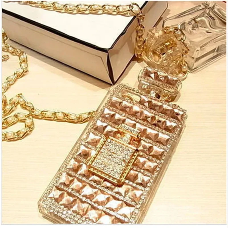 Fashion Bling Crystal Diamond Perfume Bottle Chain Handbag Cover For iPhone 15 14 13 12 16 Pro X XS MAX XR Plus Phone Case