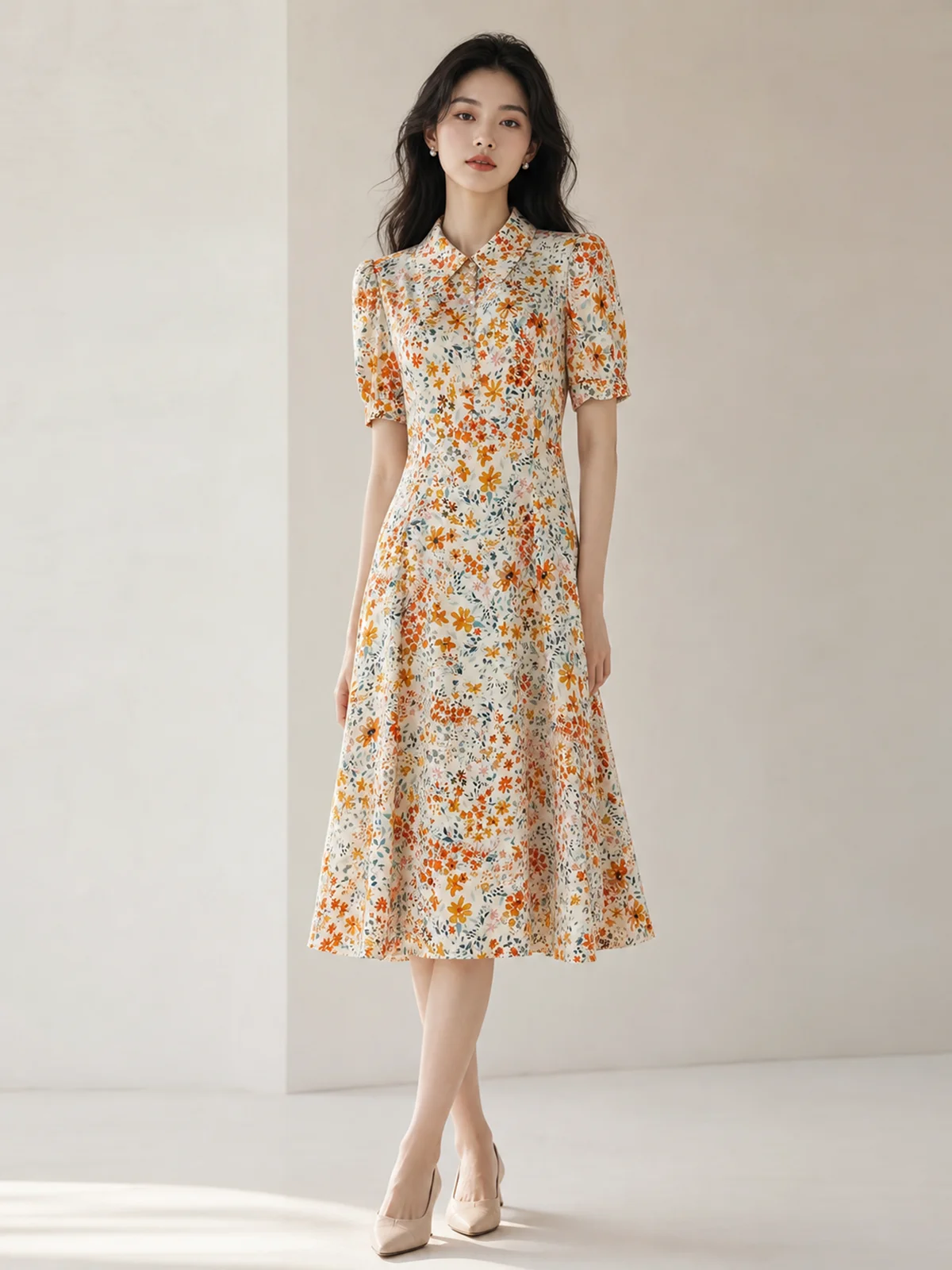 Orange & Blue Floral Print Silk Dress | Shirt Collar Puff Sleeve Pear Buttons Dress | UK8-UK 14