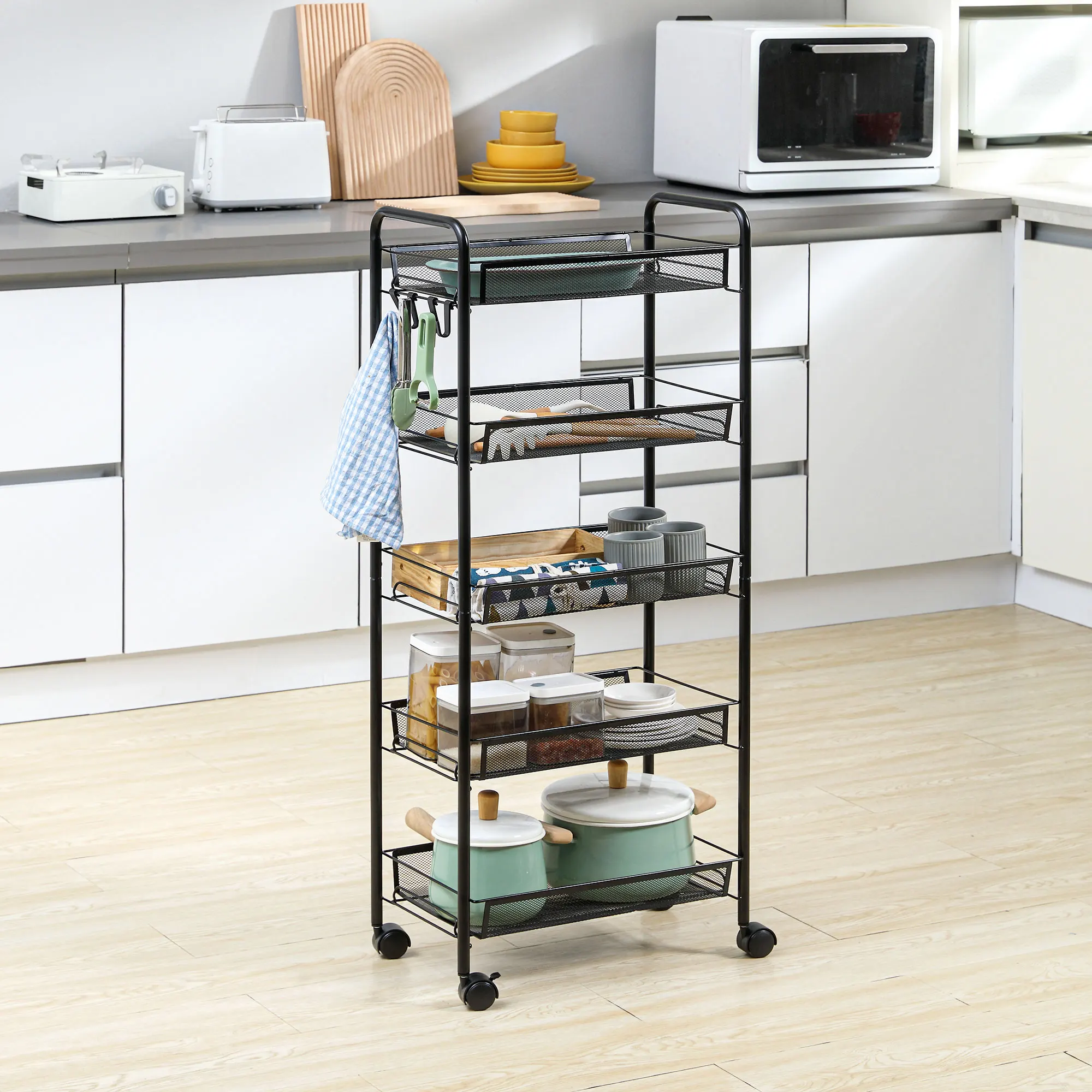 Compact 5-Tier Utility Cart, Serving Trolley with Removable Mesh Baskets, Black