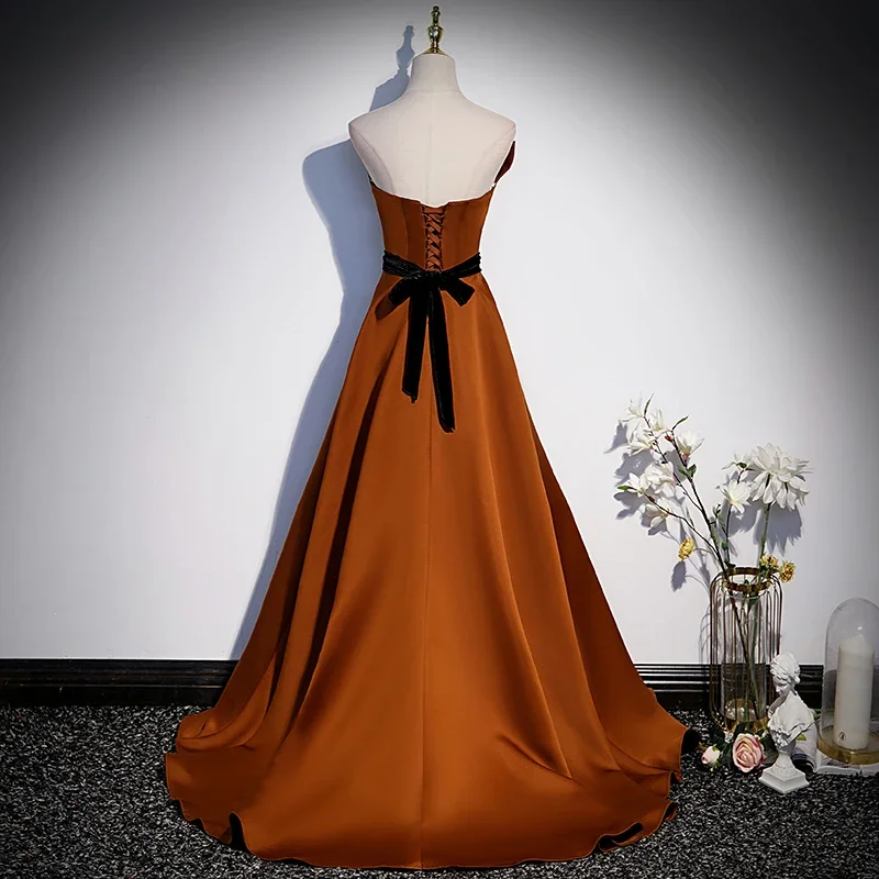 Customized  New Banquet Elegant Caramel Colour Satin Evening Dress for Women Strapless A-line Floor-length Formal Party Gowns