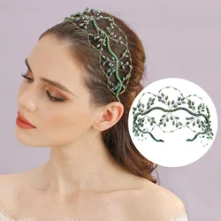 Hot selling bridal headband with crystal beads woven hair accessories, green rhinestone mesh headband accessories