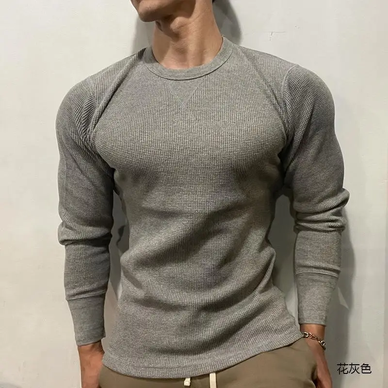 Men's New Sports Solid Color High-quality Figure Enhancing Waffle Style Slim Fit Round Neck Long Sleeved T-shirt Base