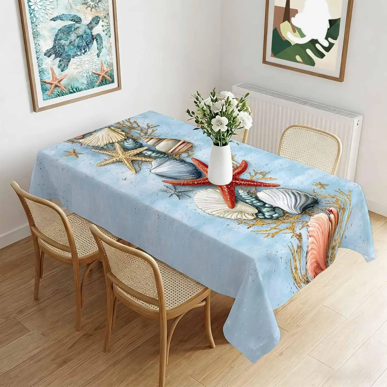 1Pc Marine Style Tablecloth Light Blue Seashell Starfish Print Table Cover For Dining Kitchen Home Decor Dustproof Rectangular