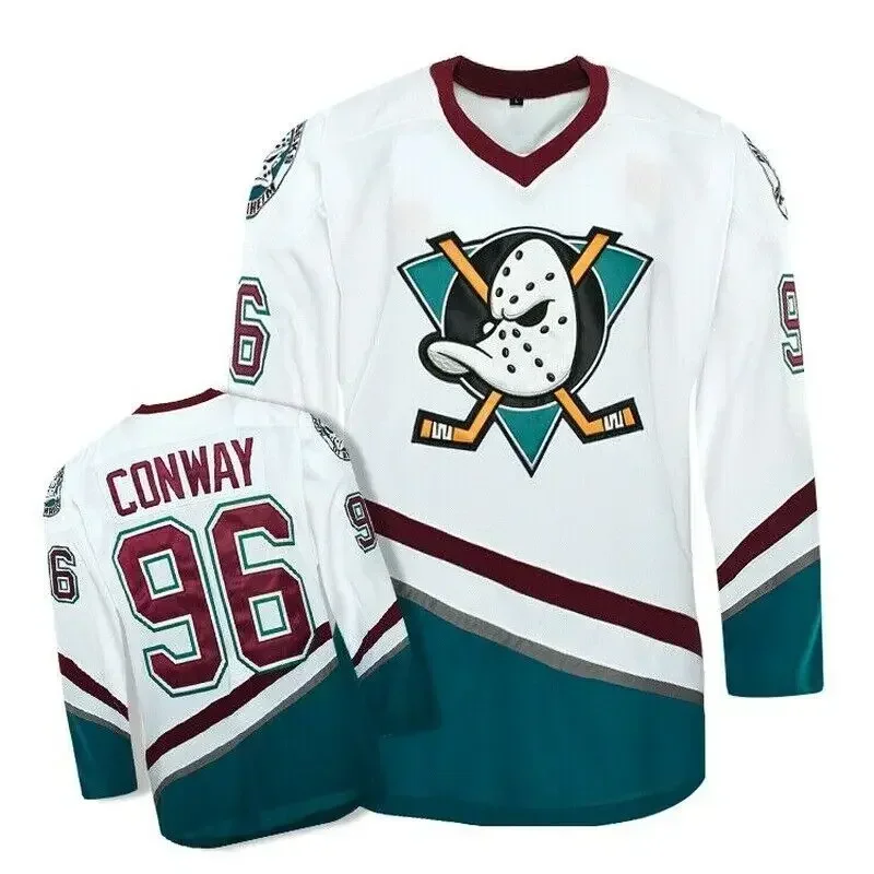 The Mighty Ducks Movie Ice Hockey Jersey Conway 96#  Banks 99#  Stitched White Long Sleeve