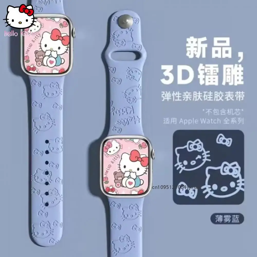 Tali Sanrio Hello Kitty untuk Apple Watch Band 45Mm 44Mm 42Mm 41Mm 38Mm 49Mm 40Mm Gelang Terukir Silikon Iwatch Kartun Lucu