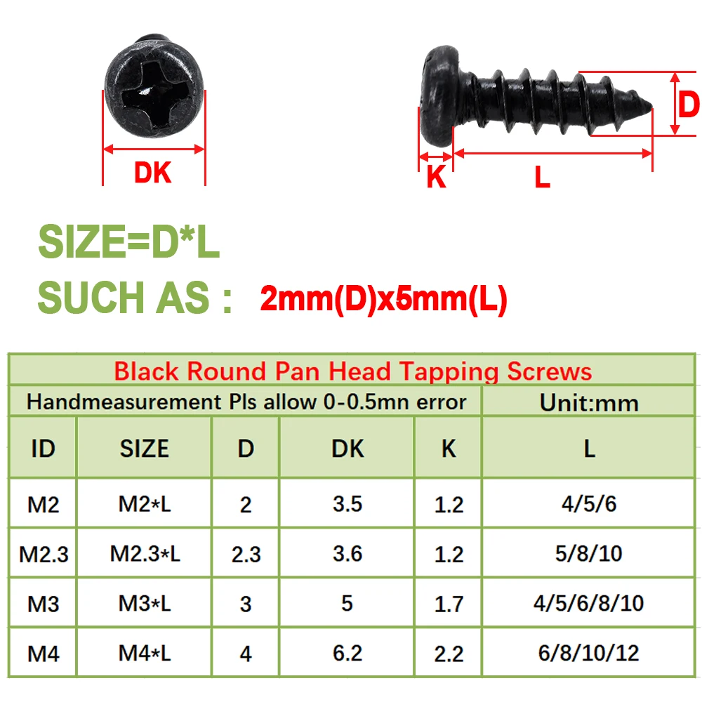 M1 M1.2 M1.4 M1.6 M2 M2.3 M2.5 M3 M4 Black Round Head mini phillips tapping screw Cross machine screws set kit for electronics