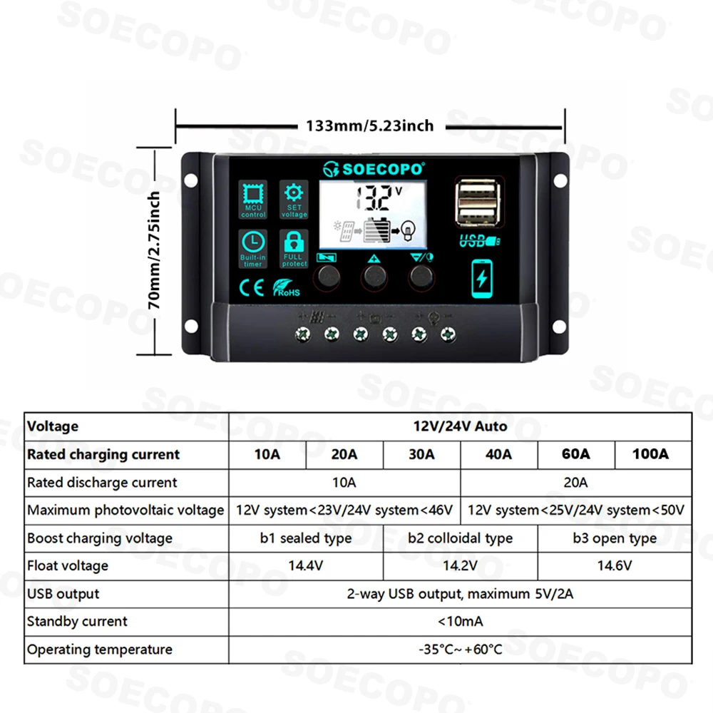 SOECOPO 100A Solar Charge Controller, LCD Digital Display Dual USB Charging Port, Full Overcharge Overload Protection With Timer Function, 2-8 Days Fast Domestic Delivery From US Warehouse For RV Off-Grid Battery Charging