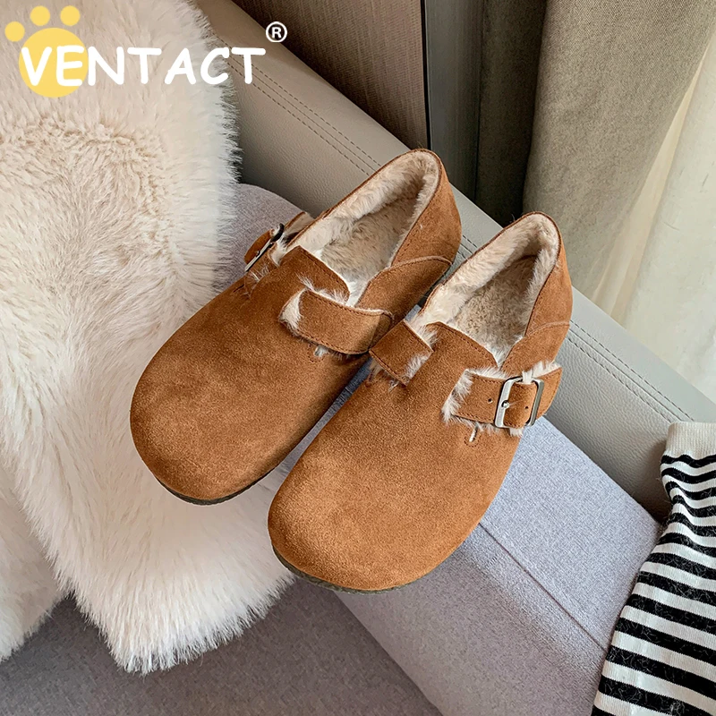 

VENTACT 2023 Real Leather Winter Women Closed Toe Fur Warm Shoes Faux Suede Cork Shoes For Women Fashion Cork Slip On Shoes