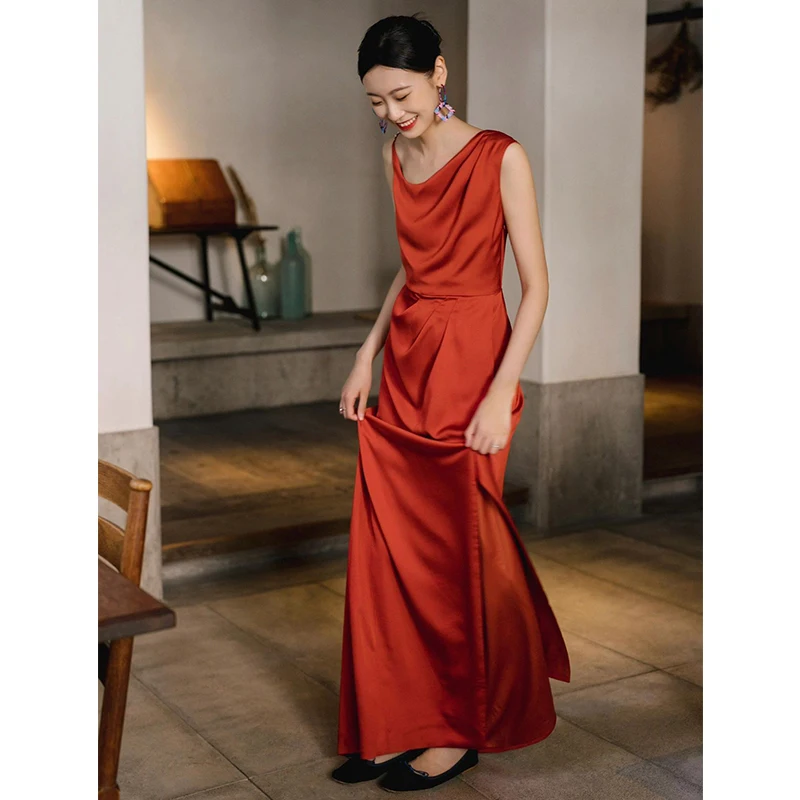 Satin Red Dress Dress High-End Special-Interest Design Irregular Backless Welcome Dress Bride Toast Dress