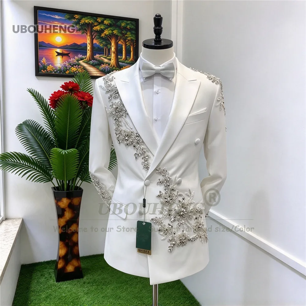 Luxury Men's Tuxedo Suit For Wedding Beaded Stones Jacket Pants 2 Pieces Double Breasted Groom Costume Homme Luxe Haute Qualité