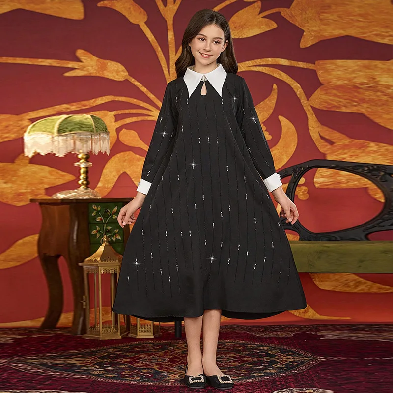 Dubai muçulmano crianças meninas diamantes abaya marrocos vestido kaftan islâmico criança roupas festa ramadan solto árabe robe caftan vestidos