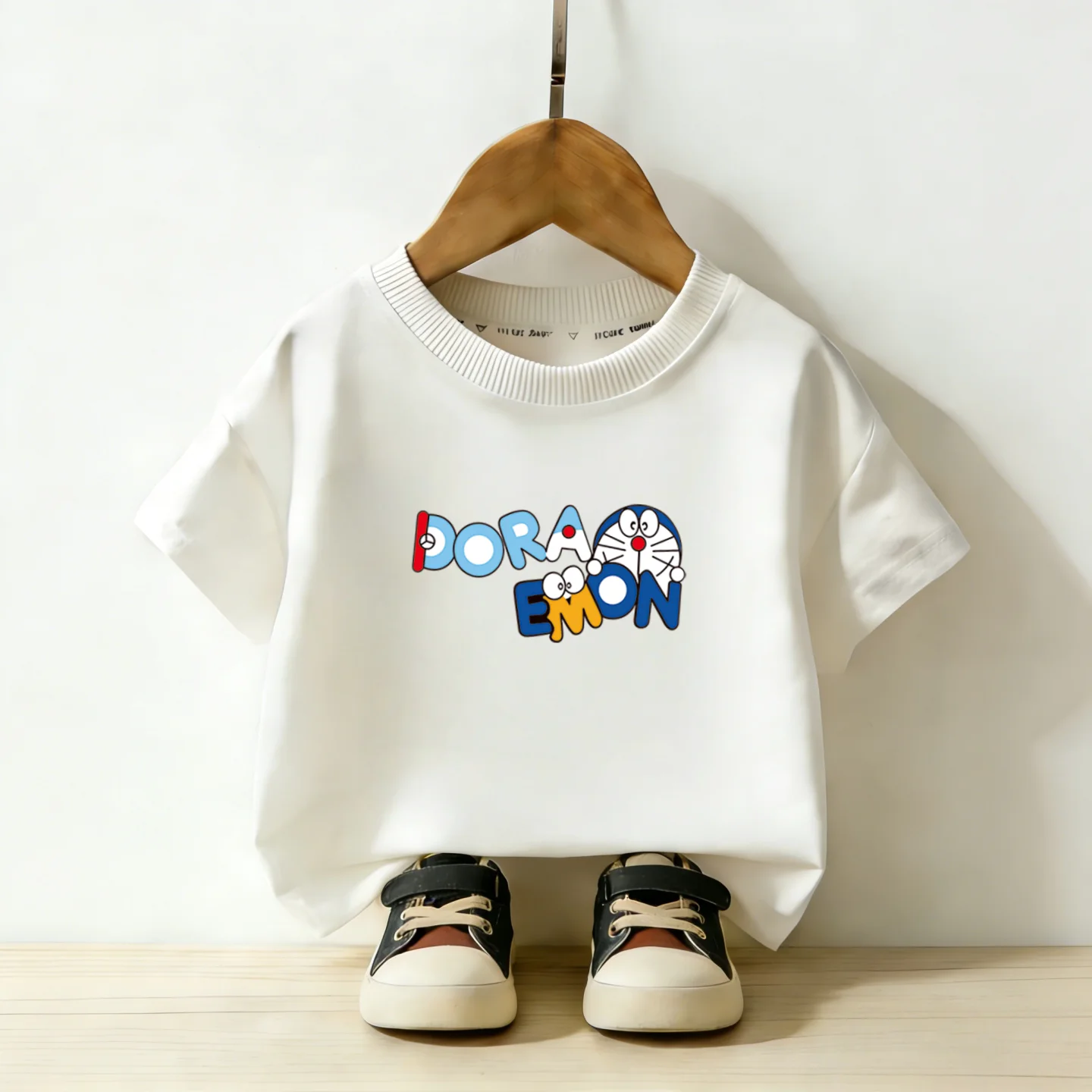 Cotton Short-sleeved T-shirt for Summer. Children's Cartoon Robot Cat Summer Dress. Half-sleeved Trendy Children's Top.