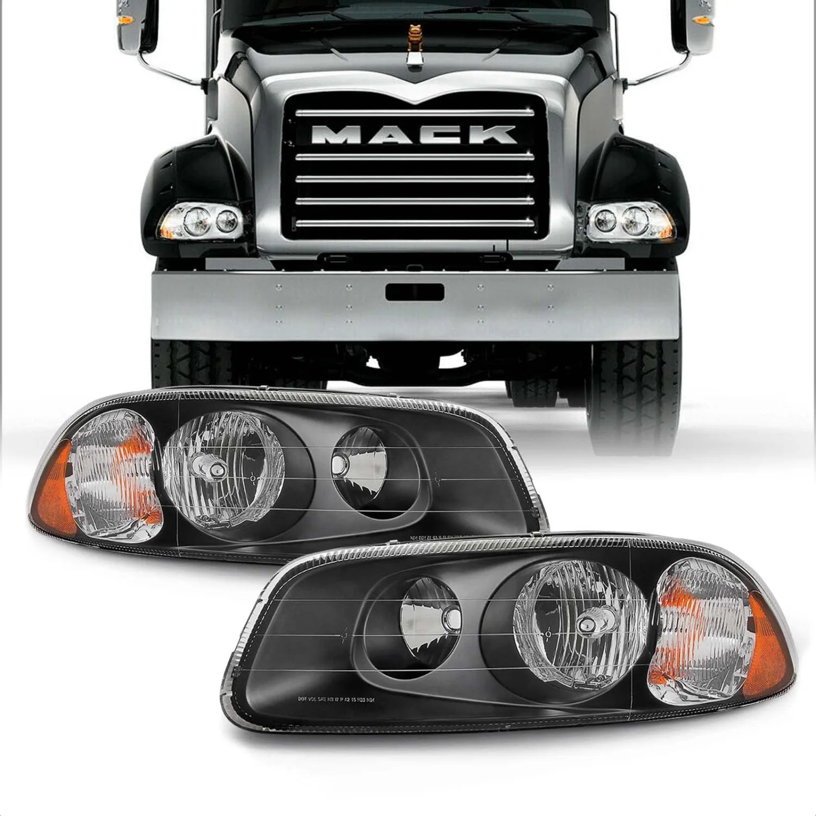 US  For 2008-09 Mack Granite GU7/GU8 + 1998-05 Mack Vision CX 600 + 2007 Mack Granite CV Headlights Black Assembly Set