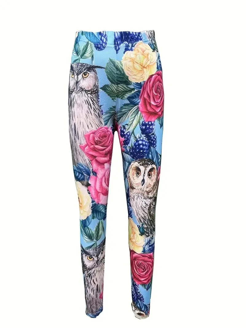 Owl & Rose print casual women\'s pants elastic elastic waist tight-fitting leggings for women everyday wear