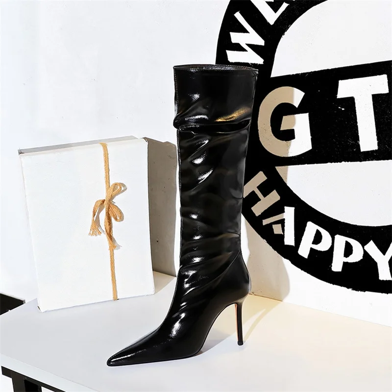 

Retro Fashion Women Black Knee-High Boots Pointed Patent Leather Wrinkled High Heel Stilettos Pointed Toe Winter Boot