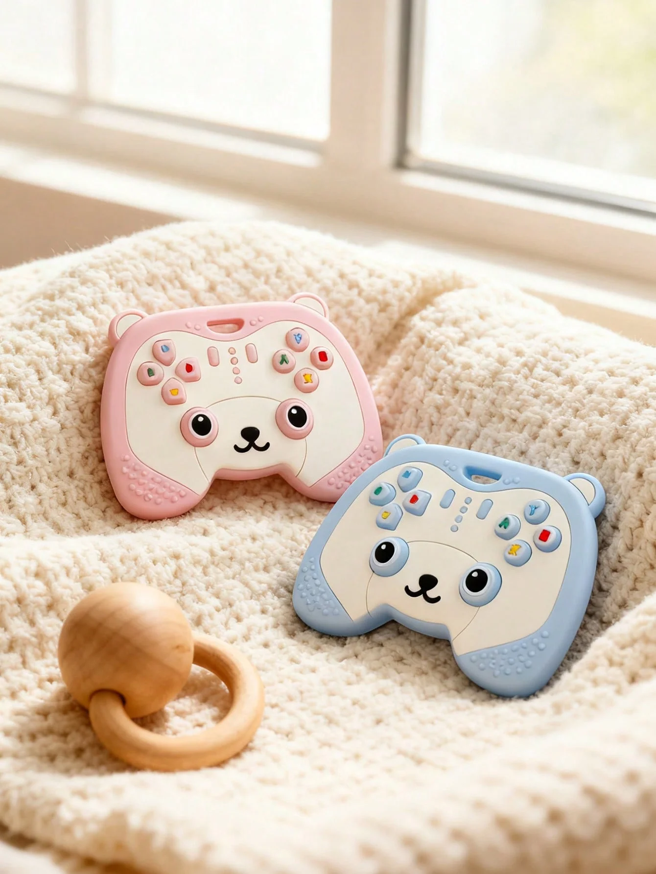 

2pk Pressable Buttons Baby Remote Teether, Silicone Teething Toy 0-12M, Relief Sore Gums Sensory Molar Relief Toy BPA Free Safe