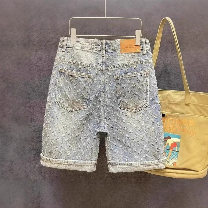 Design Sense Niche Pants Men's Trendy Brand High Street Jacquard Perforated Summer Loose Straight Tube Retro Five Quarter Denim