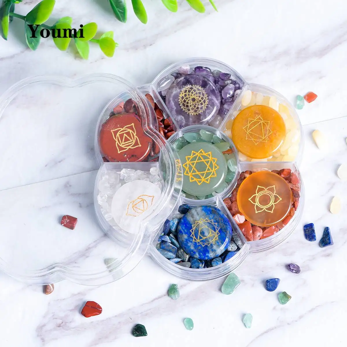 

Round Natural Seven Color Gemstone Crystal Stone Carving Classic Pattern Petal Gift Assembly Set for Classmates and Friends