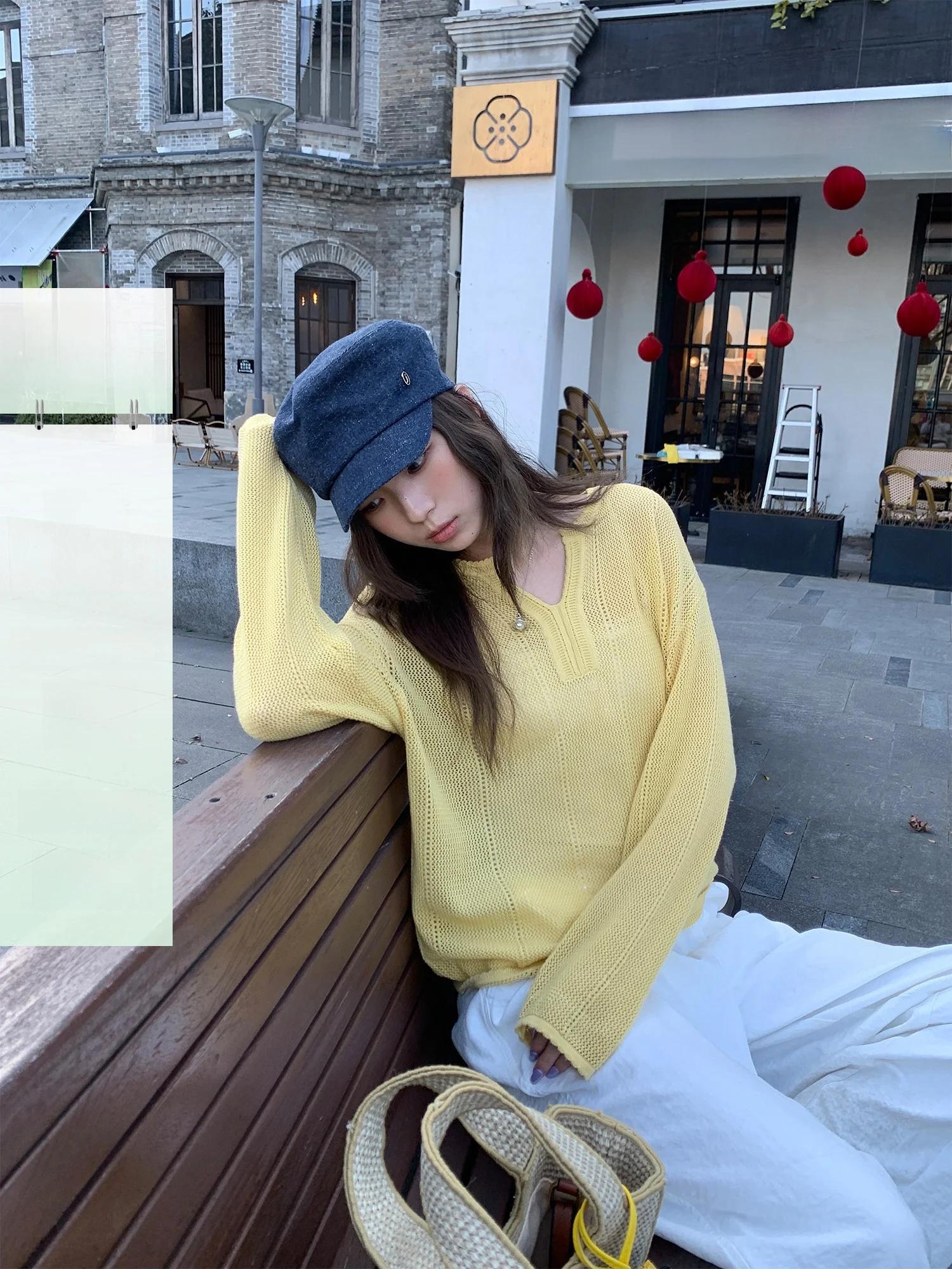 

Ayi Lightweight Hollow out Woolen Knitted Long Sleeve V-Neck Women's Top Spring Summer Loose Fit UV Protection Casual Style