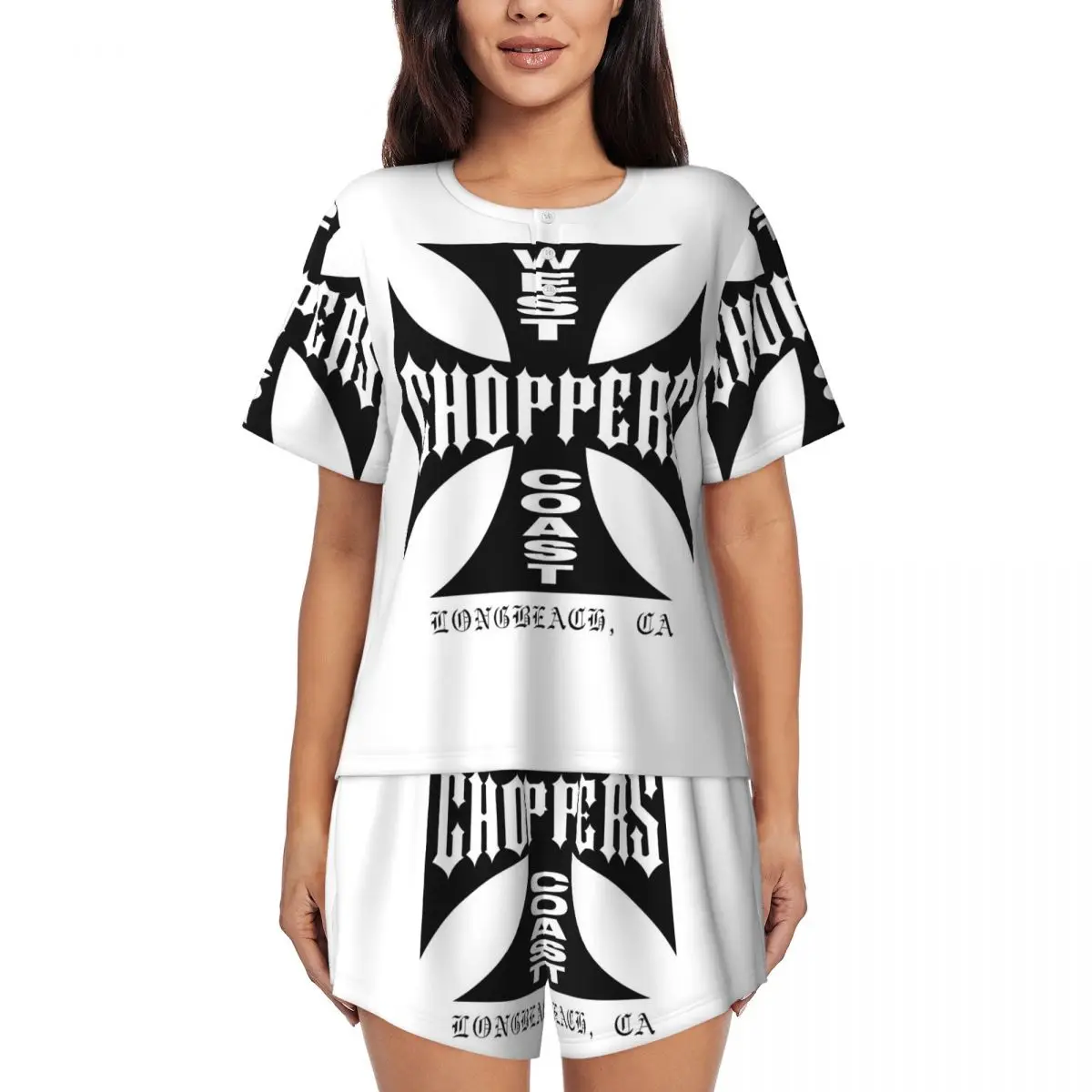 

Ночная рубашка West Coast Iron Cross Choppers с круглым вырезом и короткими рукавами для сна, женский мягкий пижамный комплект с короткими штанами