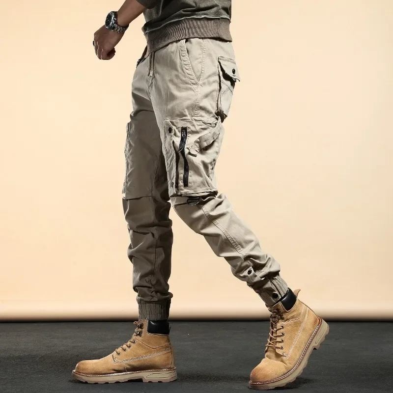 American Vintage Multi-pocket Cargo Pants Men Tide Brand Loose Straight Trouser Drawstring Wide Leg Casual Baggy Pants New