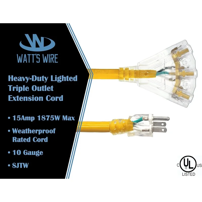 100 ft - 10 Gauge Heavy Duty Extension Cord - 3 Outlet Lighting SJTW Outdoor Extension Cord - 100 ft