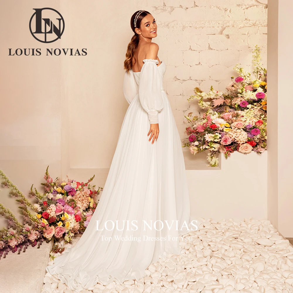 LOUIS NOVIAS Spitzenhochzeitskleid mit abnehmbaren drapierten Puffärmeln, trägerlosem Pinselschleppe, rückenfreiem Brautkleid, Vestidos De Novia