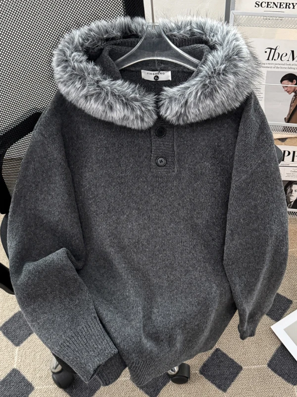 

Мужской вязаный свитер с отстегивающимся меховым воротником, теплый зимний модный верхний слой, американский высококачественный стильный мягкий свитер с длинными рукавами