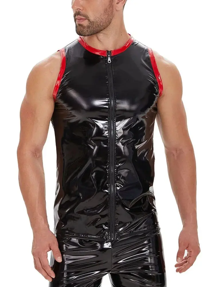 S-7XL Wet Look PVC Tank Top Men Sleeveless Musculation Bodybuilding Shiny PU Leather Tights Gym Fitness Muscle Shirt Vest Body