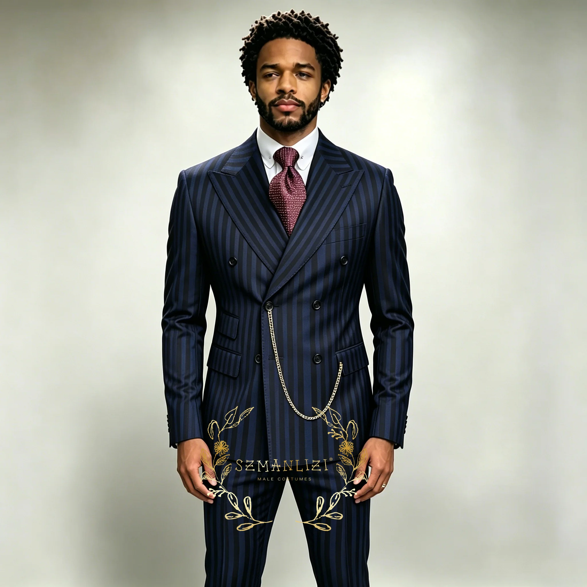 

Men Navy Blue Striped Suit 2 Pieces Fashion Double Breasted Peak Lapel Wear Blazer Pants Formal Wedding Party Business Tuxedos