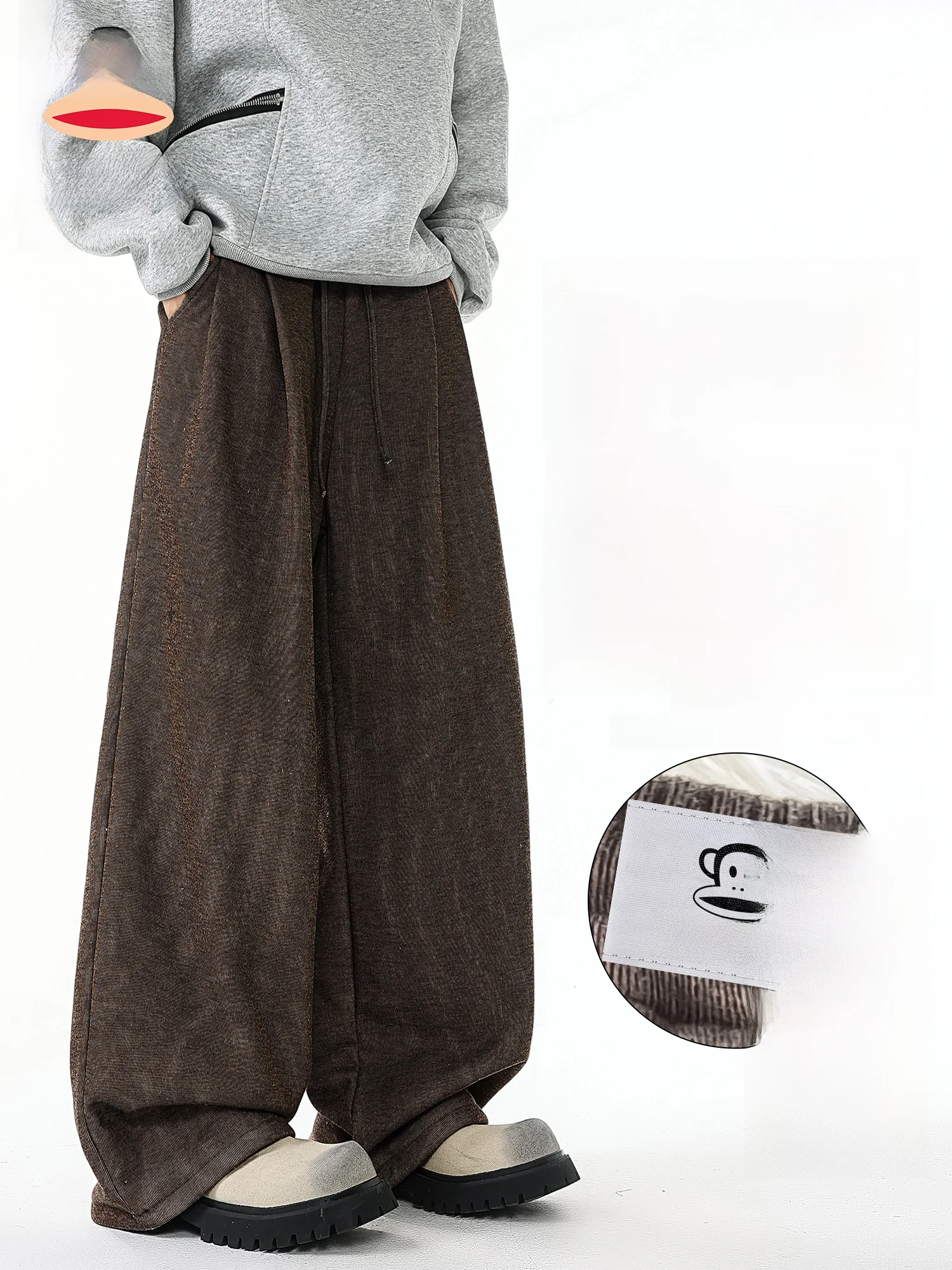 

Мужские повседневные брюки Paul Frank с флисовой подкладкой, широкие, прямые, в стиле ретро, свободного кроя, весна-осень, цвета рисовой лапши